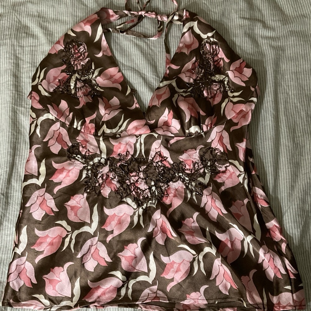 Floral Halter Top - Pink and Brown